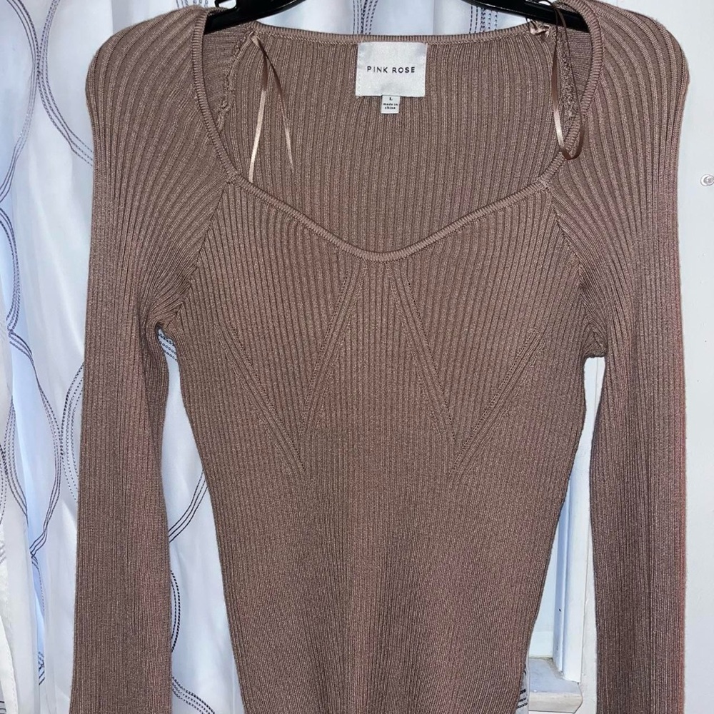 Pink Rose Taupe Ribbed Long Sleeve Top